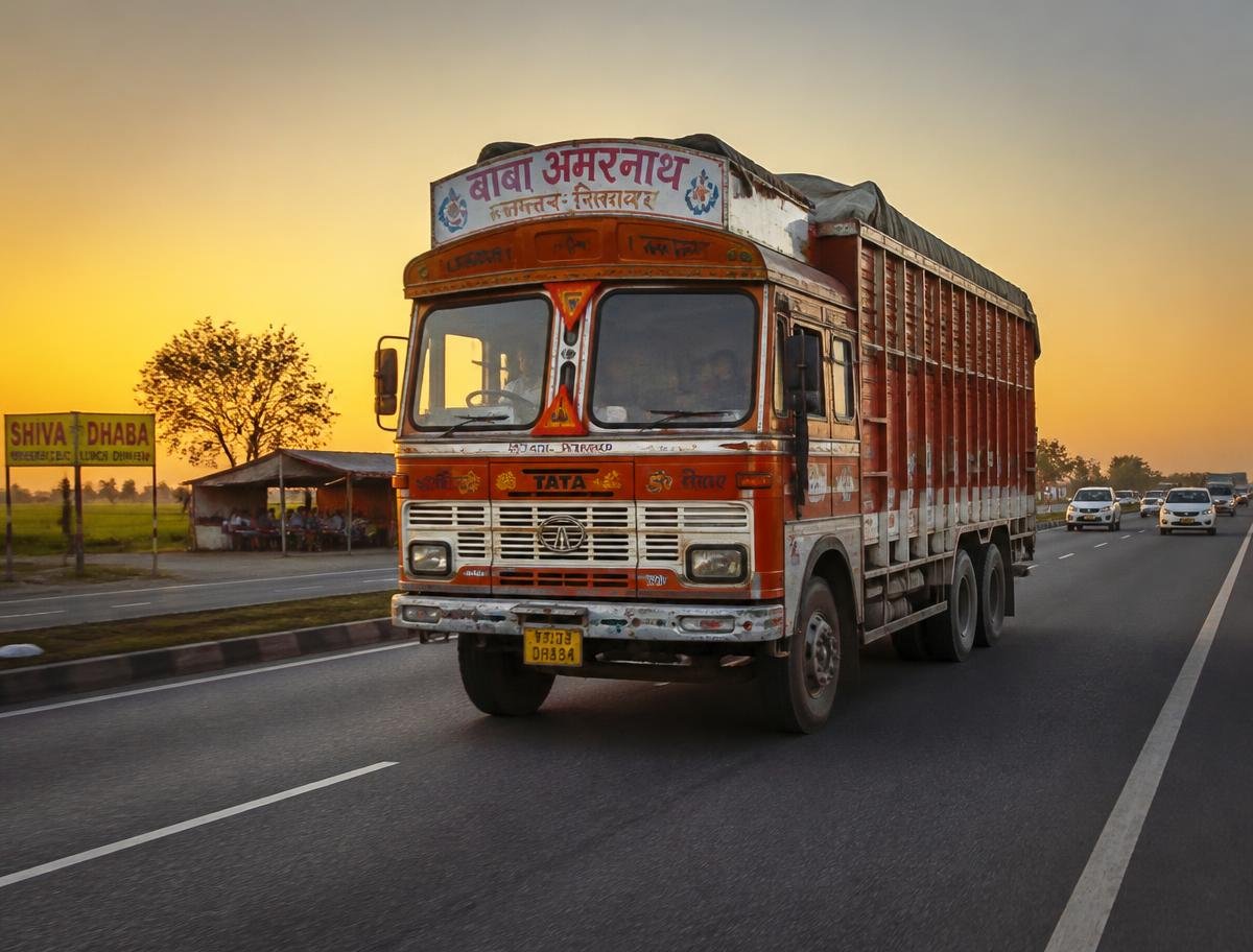 GatiExpress moving truck on an Indian highway during an intercity shift