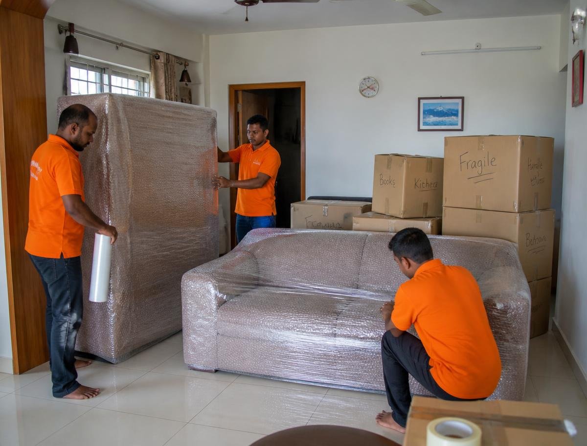GatiExpress packing crew wrapping furniture inside a customer's flat