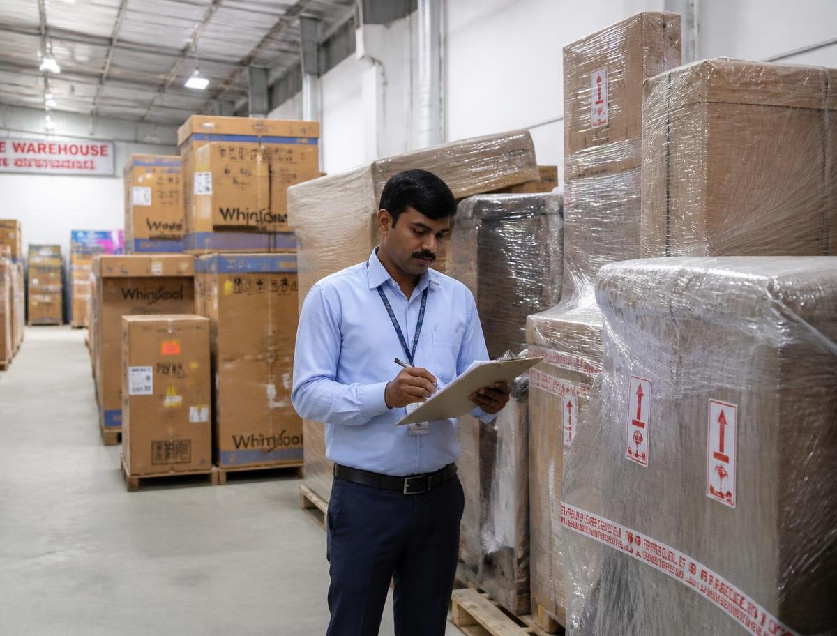 Labelled cartons stacked on pallets inside the GatiExpress storage warehouse