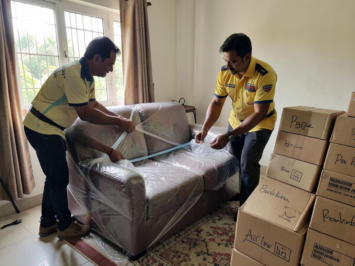GatiExpress crew wrapping a sofa in bubble wrap and stretch film inside a customer's flat